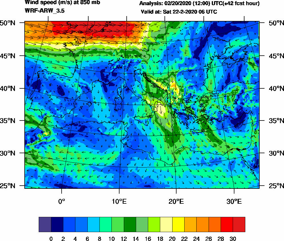 Wind speed (m/s) at 850 mb - 2020-02-22 06:00