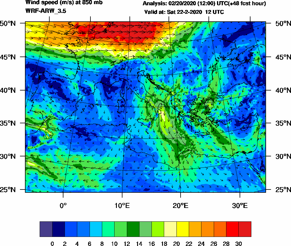 Wind speed (m/s) at 850 mb - 2020-02-22 12:00