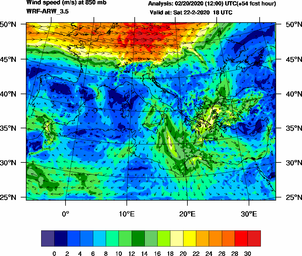 Wind speed (m/s) at 850 mb - 2020-02-22 18:00