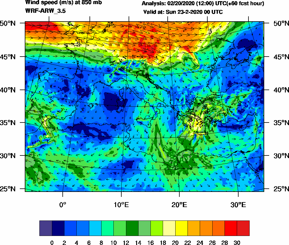 Wind speed (m/s) at 850 mb - 2020-02-23 00:00