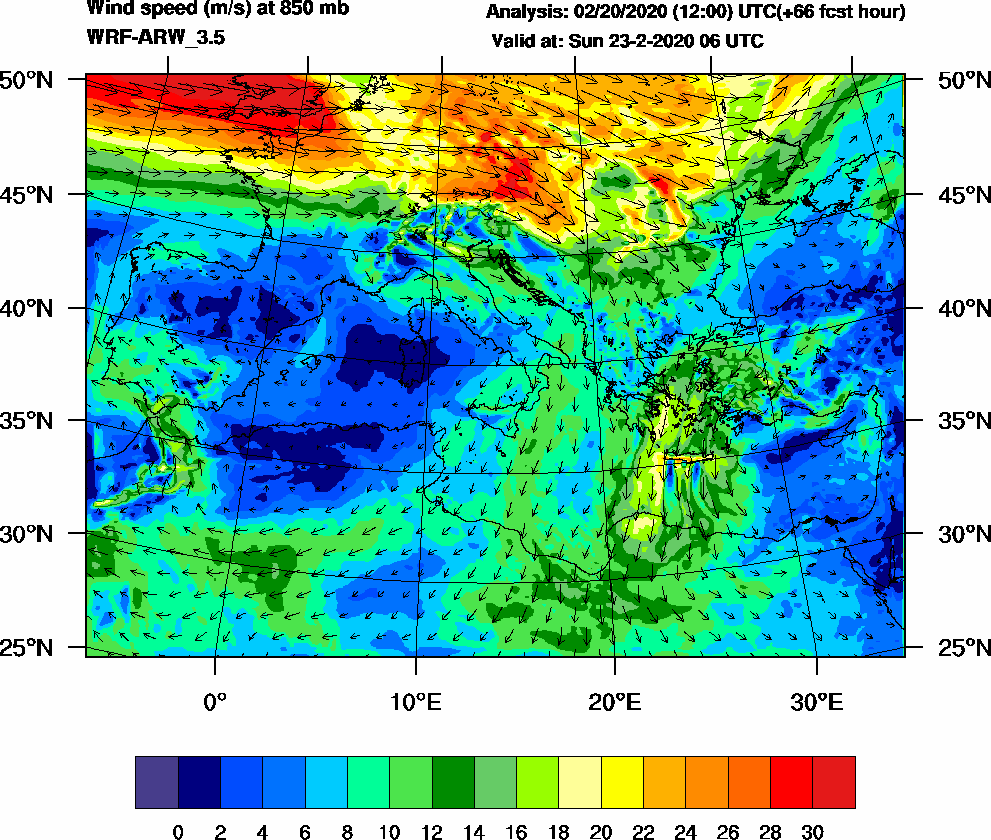 Wind speed (m/s) at 850 mb - 2020-02-23 06:00