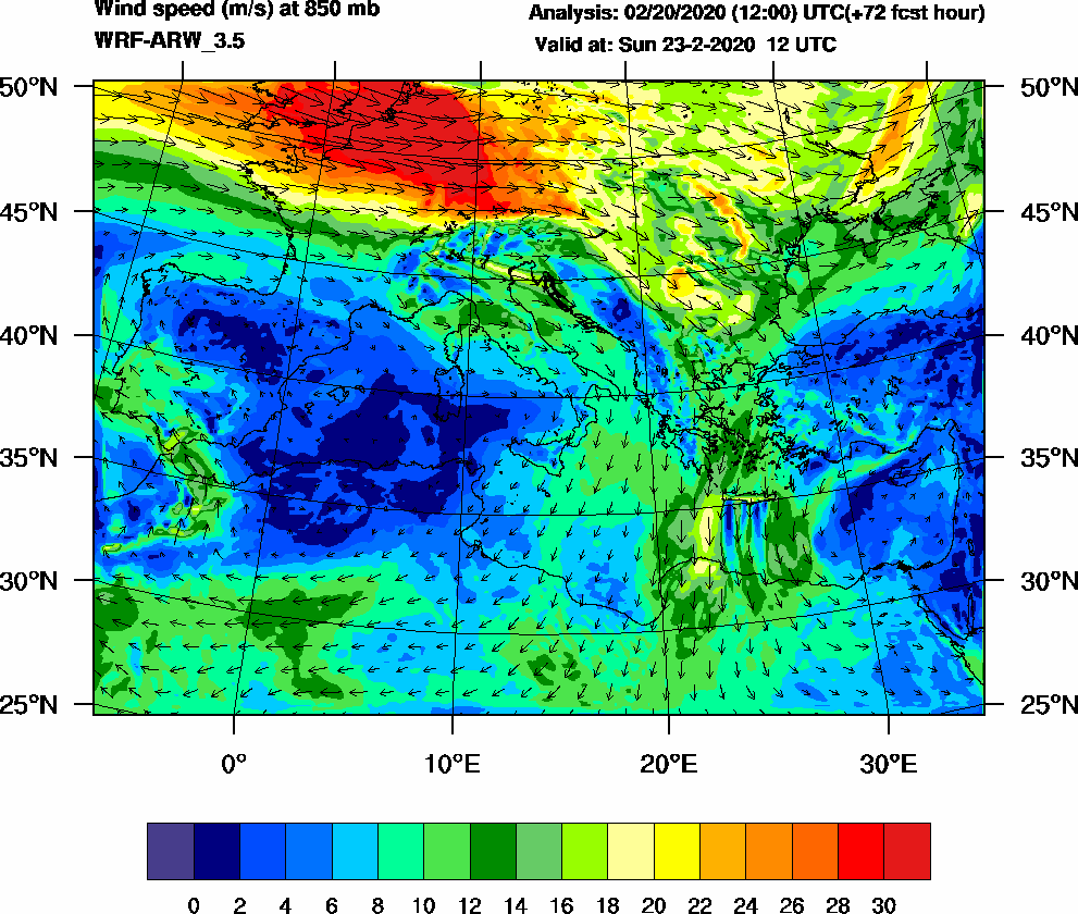 Wind speed (m/s) at 850 mb - 2020-02-23 12:00