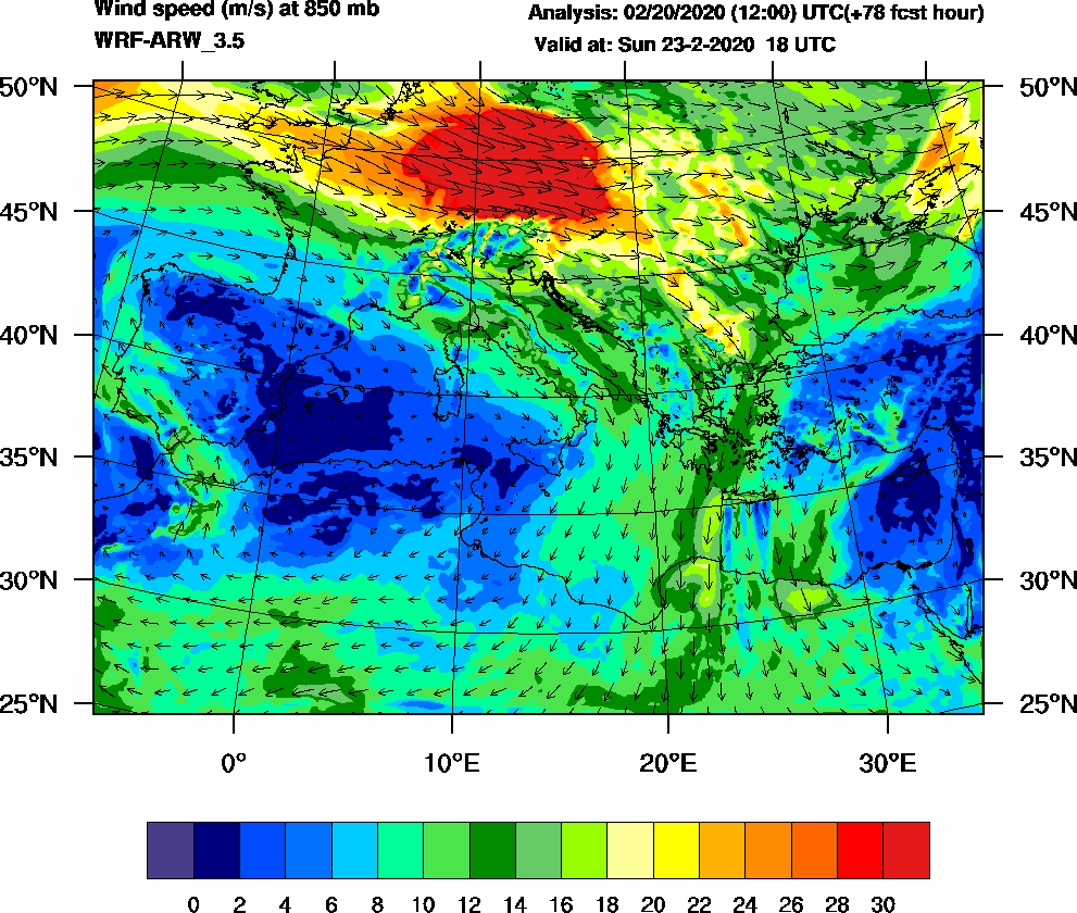 Wind speed (m/s) at 850 mb - 2020-02-23 18:00