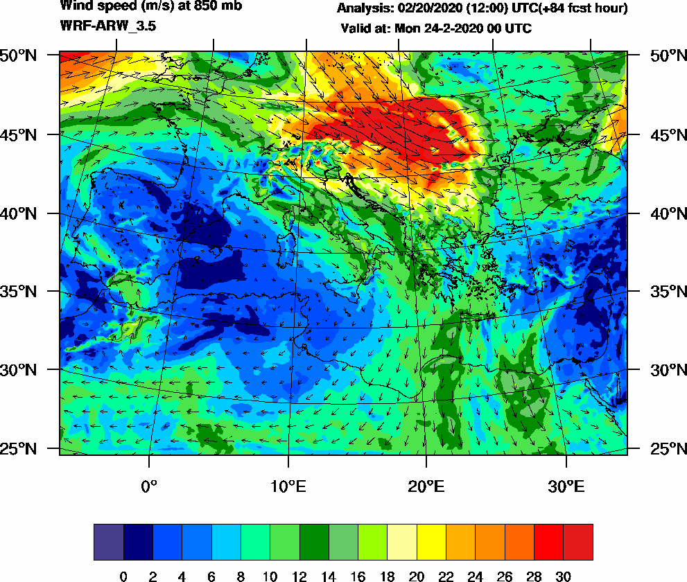 Wind speed (m/s) at 850 mb - 2020-02-24 00:00