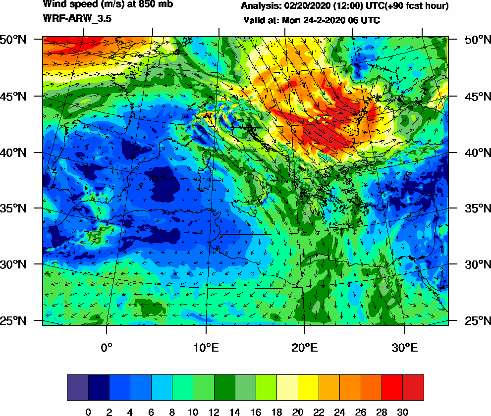 Wind speed (m/s) at 850 mb - 2020-02-24 06:00