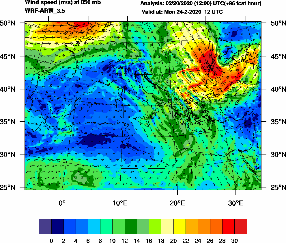 Wind speed (m/s) at 850 mb - 2020-02-24 12:00