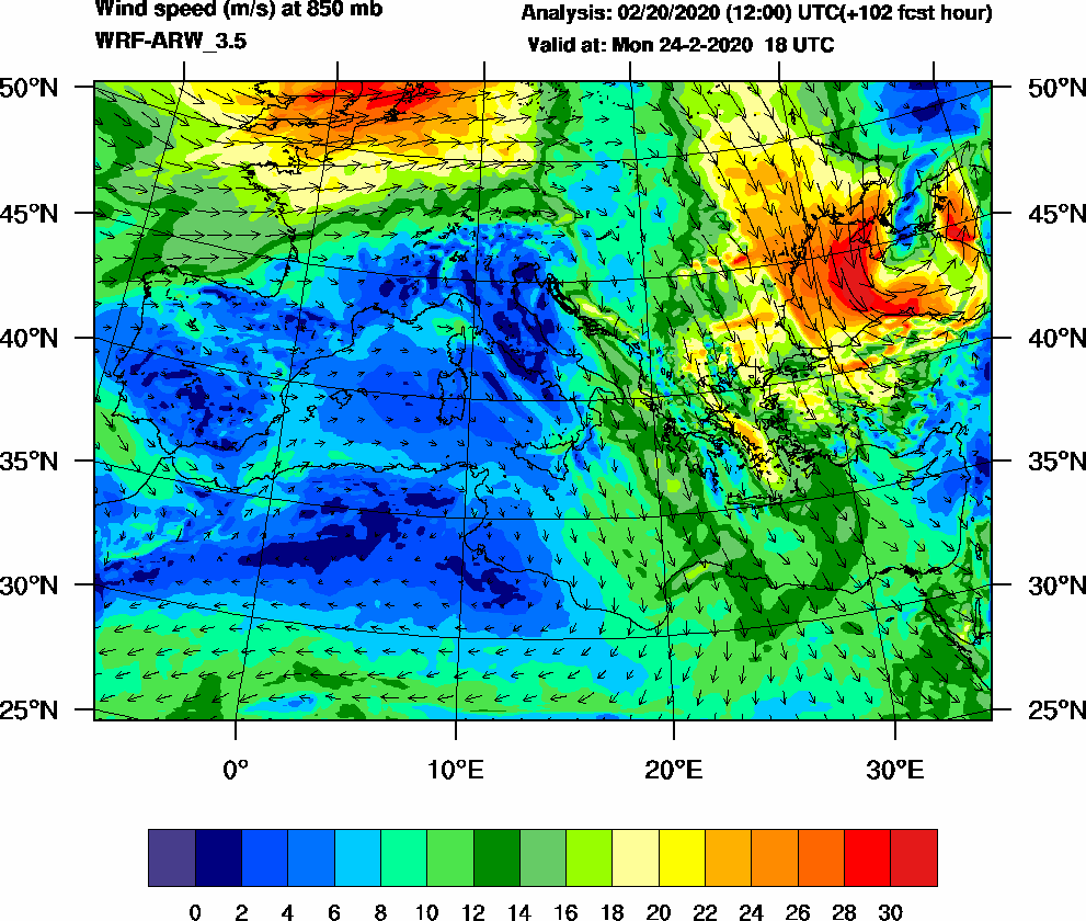 Wind speed (m/s) at 850 mb - 2020-02-24 18:00