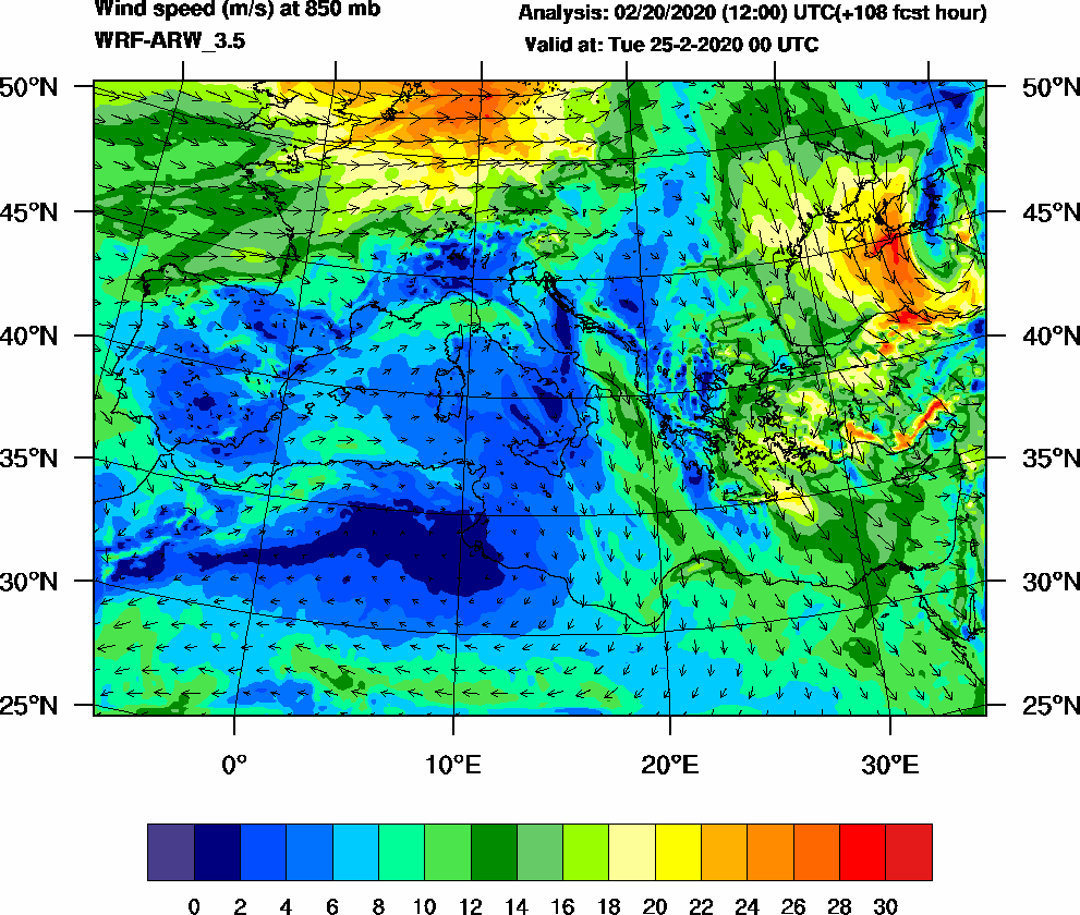 Wind speed (m/s) at 850 mb - 2020-02-25 00:00