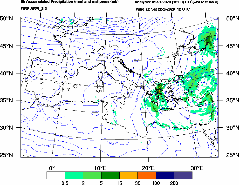 6h Accumulated Precipitation (mm) and msl press (mb) - 2020-02-22 06:00