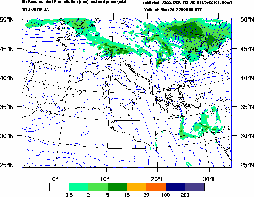 6h Accumulated Precipitation (mm) and msl press (mb) - 2020-02-24 00:00