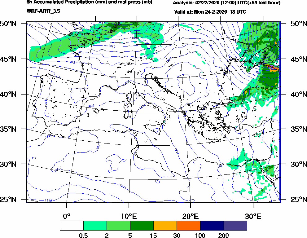 6h Accumulated Precipitation (mm) and msl press (mb) - 2020-02-24 12:00