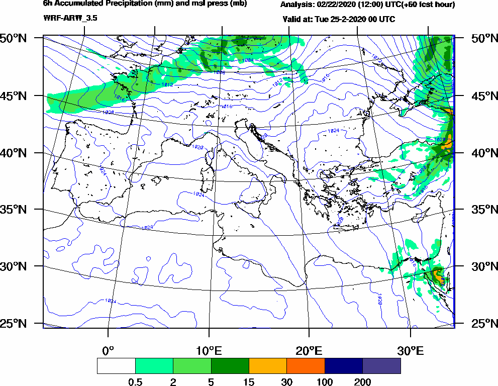 6h Accumulated Precipitation (mm) and msl press (mb) - 2020-02-24 18:00
