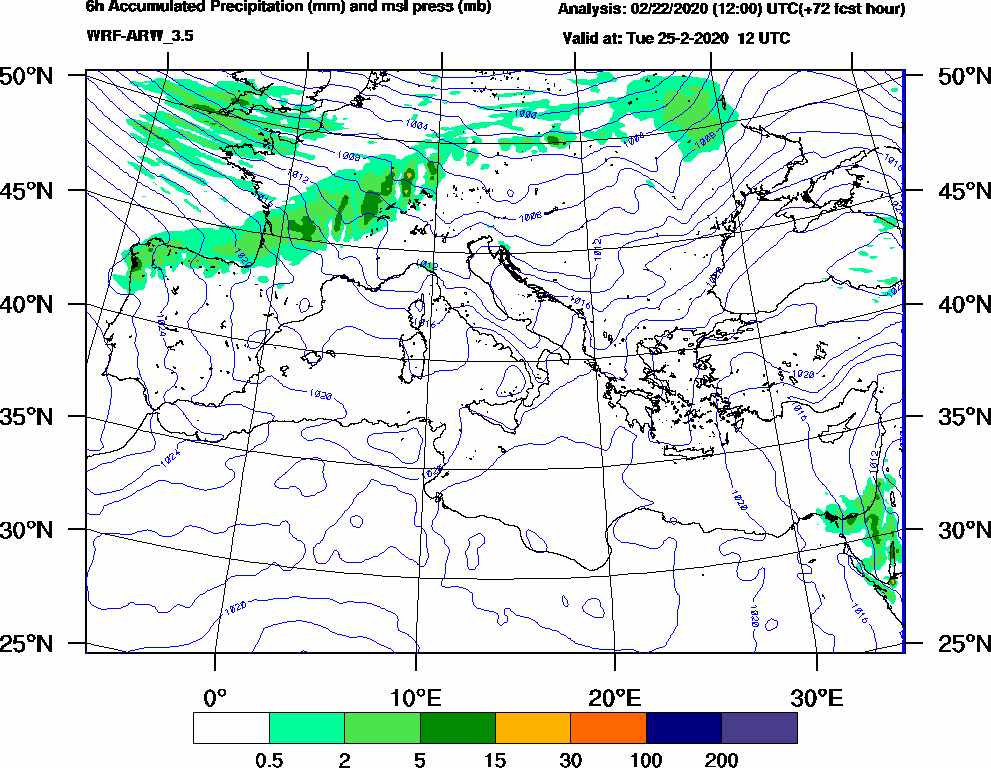 6h Accumulated Precipitation (mm) and msl press (mb) - 2020-02-25 06:00