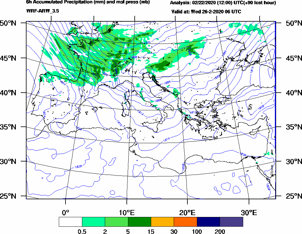 6h Accumulated Precipitation (mm) and msl press (mb) - 2020-02-26 00:00