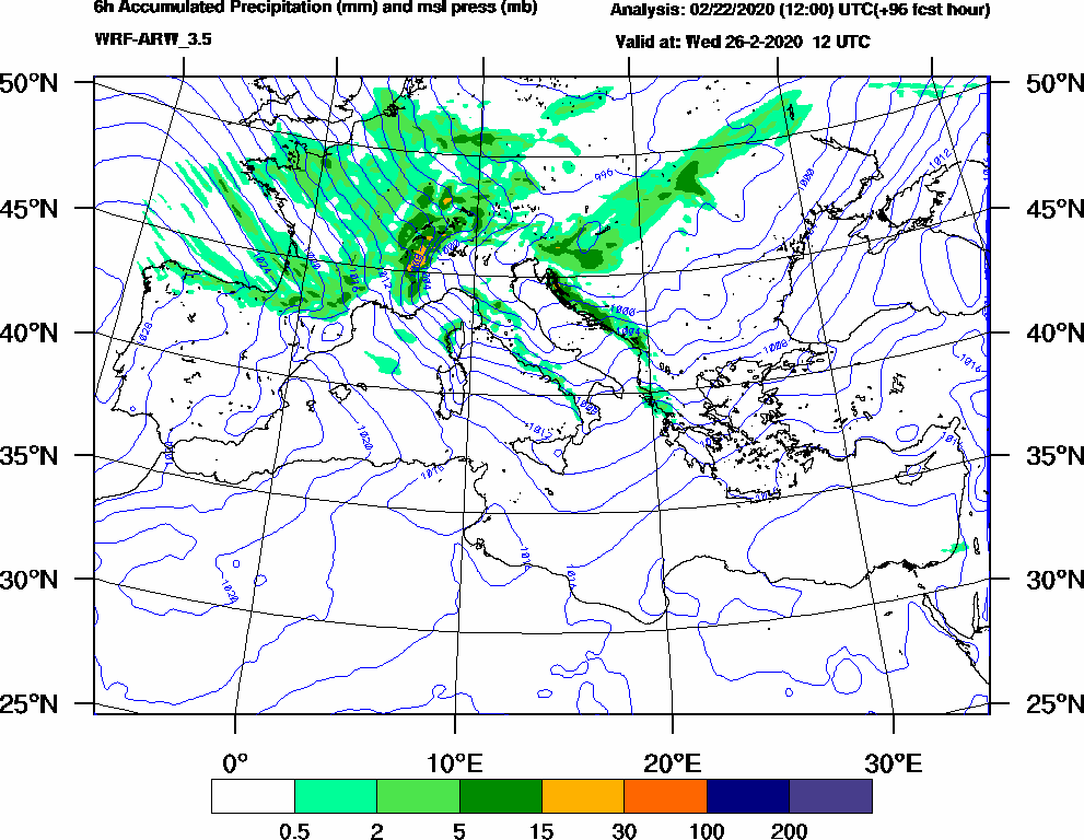 6h Accumulated Precipitation (mm) and msl press (mb) - 2020-02-26 06:00