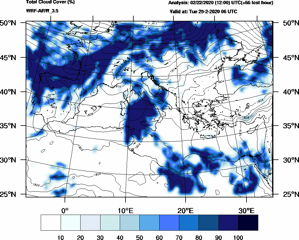 Total cloud cover (%) - 2020-02-25 00:00