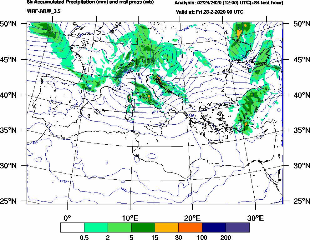 6h Accumulated Precipitation (mm) and msl press (mb) - 2020-02-27 18:00