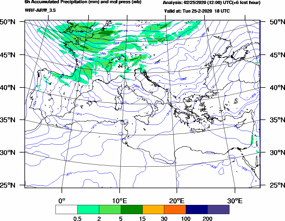 6h Accumulated Precipitation (mm) and msl press (mb) - 2020-02-25 12:00