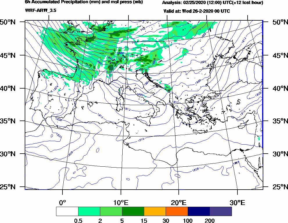6h Accumulated Precipitation (mm) and msl press (mb) - 2020-02-25 18:00