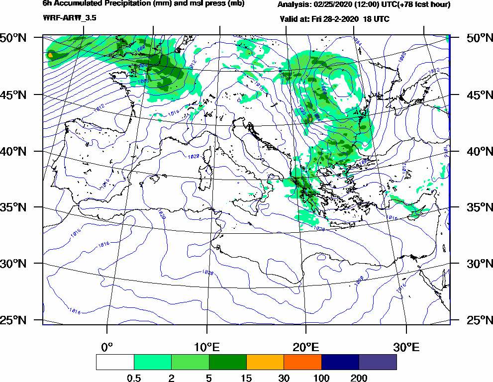 6h Accumulated Precipitation (mm) and msl press (mb) - 2020-02-28 12:00
