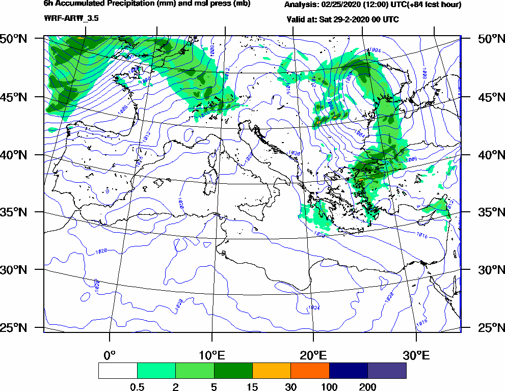 6h Accumulated Precipitation (mm) and msl press (mb) - 2020-02-28 18:00