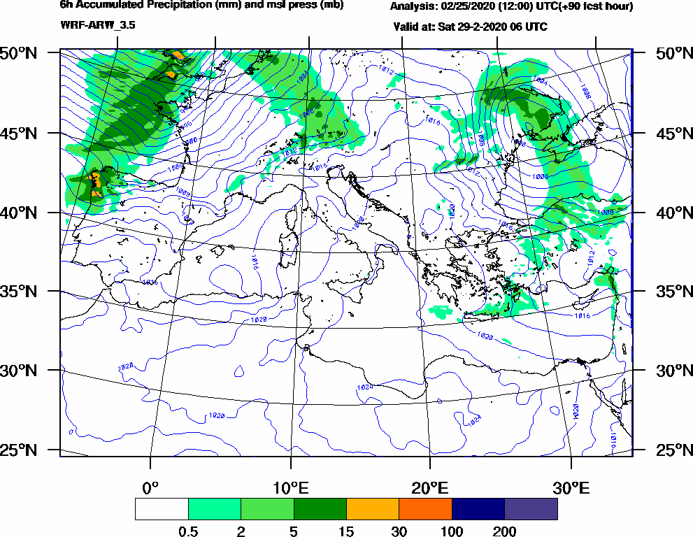 6h Accumulated Precipitation (mm) and msl press (mb) - 2020-02-29 00:00