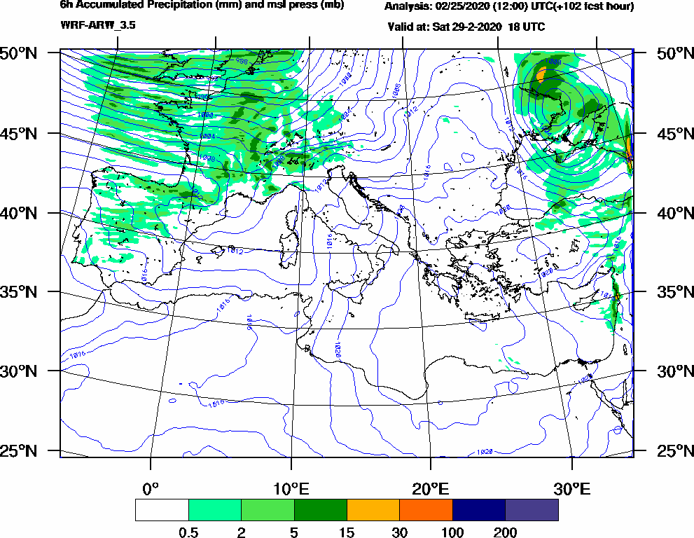 6h Accumulated Precipitation (mm) and msl press (mb) - 2020-02-29 12:00