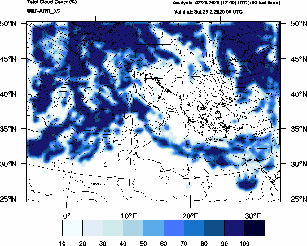 Total cloud cover (%) - 2020-02-29 00:00