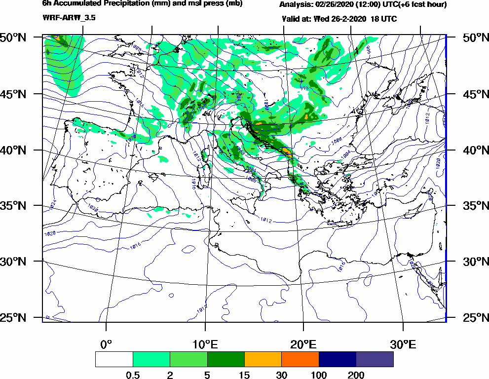 6h Accumulated Precipitation (mm) and msl press (mb) - 2020-02-26 12:00