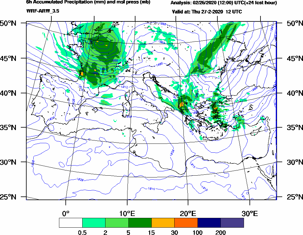 6h Accumulated Precipitation (mm) and msl press (mb) - 2020-02-27 06:00