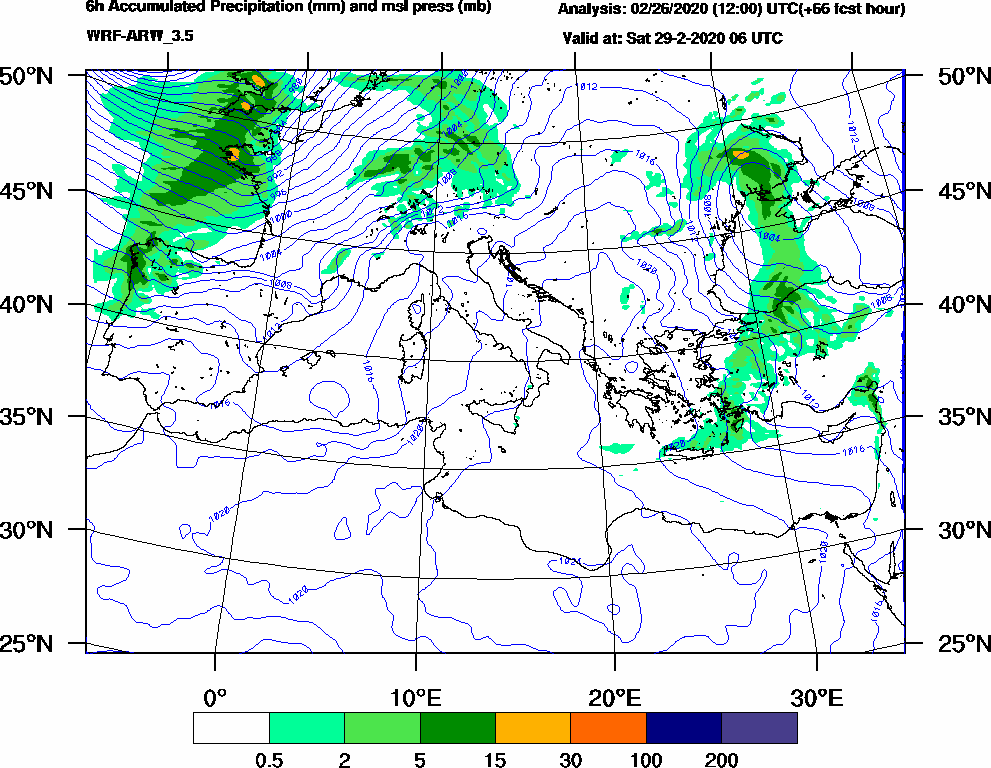 6h Accumulated Precipitation (mm) and msl press (mb) - 2020-02-29 00:00