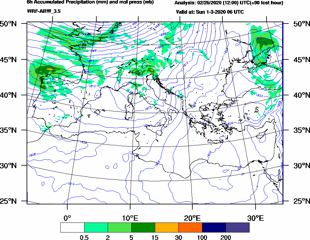 6h Accumulated Precipitation (mm) and msl press (mb) - 2020-03-01 00:00
