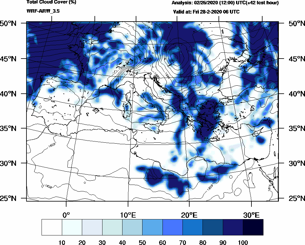 Total cloud cover (%) - 2020-02-28 00:00