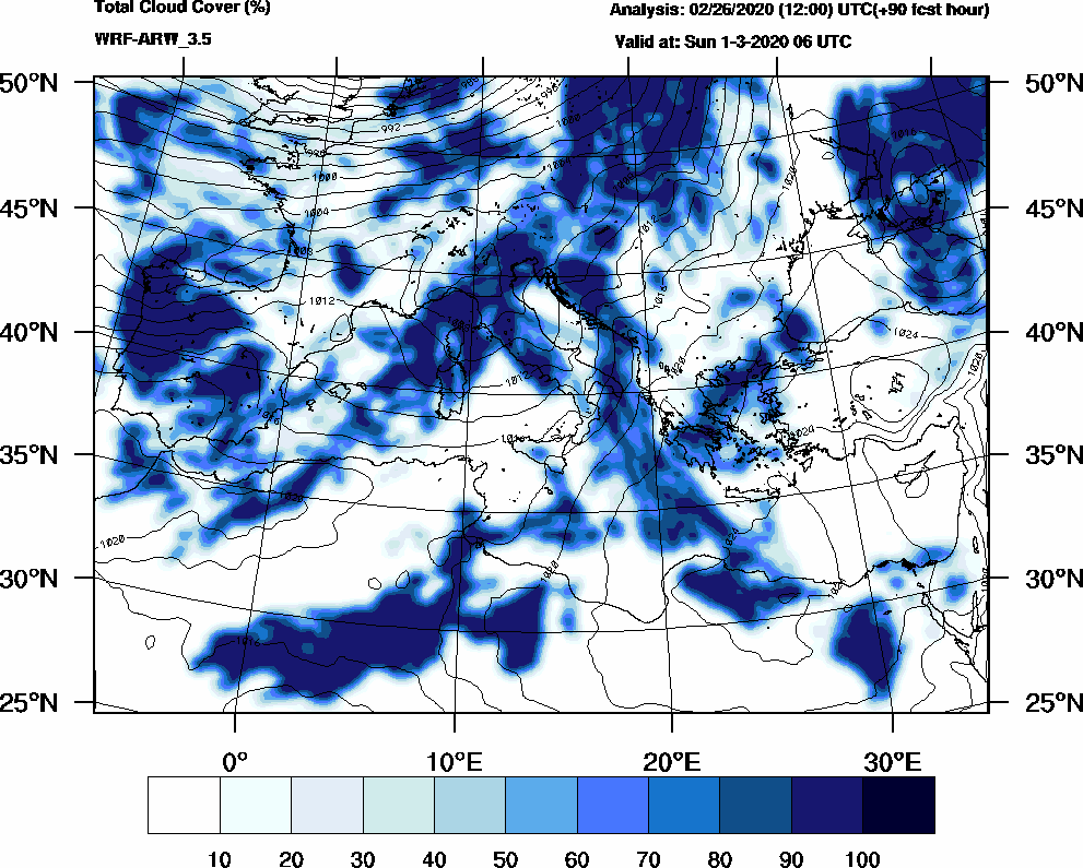 Total cloud cover (%) - 2020-03-01 00:00