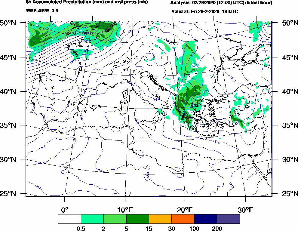 6h Accumulated Precipitation (mm) and msl press (mb) - 2020-02-28 12:00