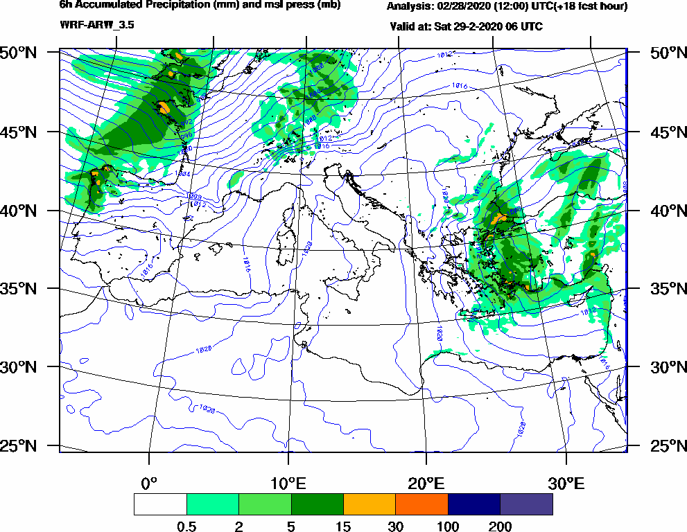 6h Accumulated Precipitation (mm) and msl press (mb) - 2020-02-29 00:00