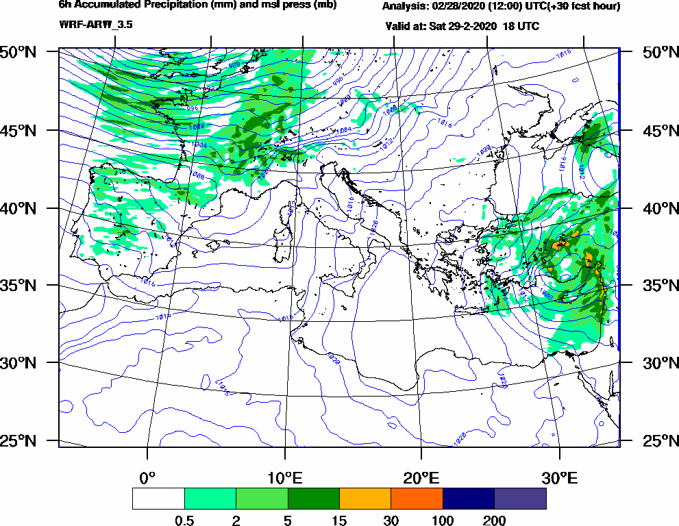 6h Accumulated Precipitation (mm) and msl press (mb) - 2020-02-29 12:00