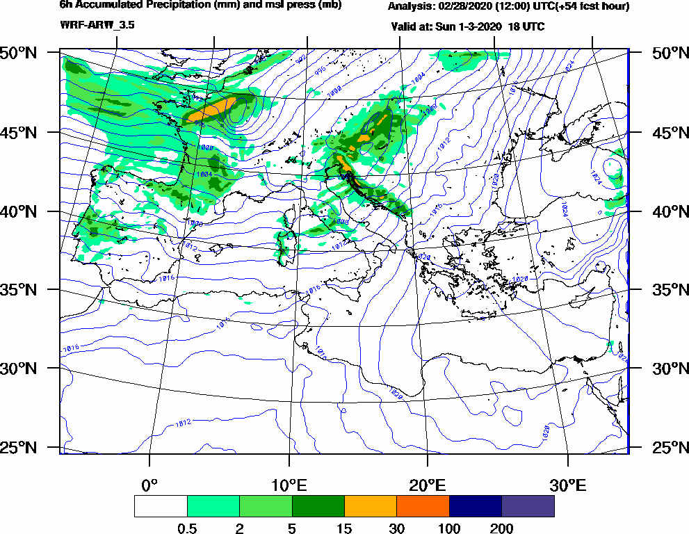 6h Accumulated Precipitation (mm) and msl press (mb) - 2020-03-01 12:00