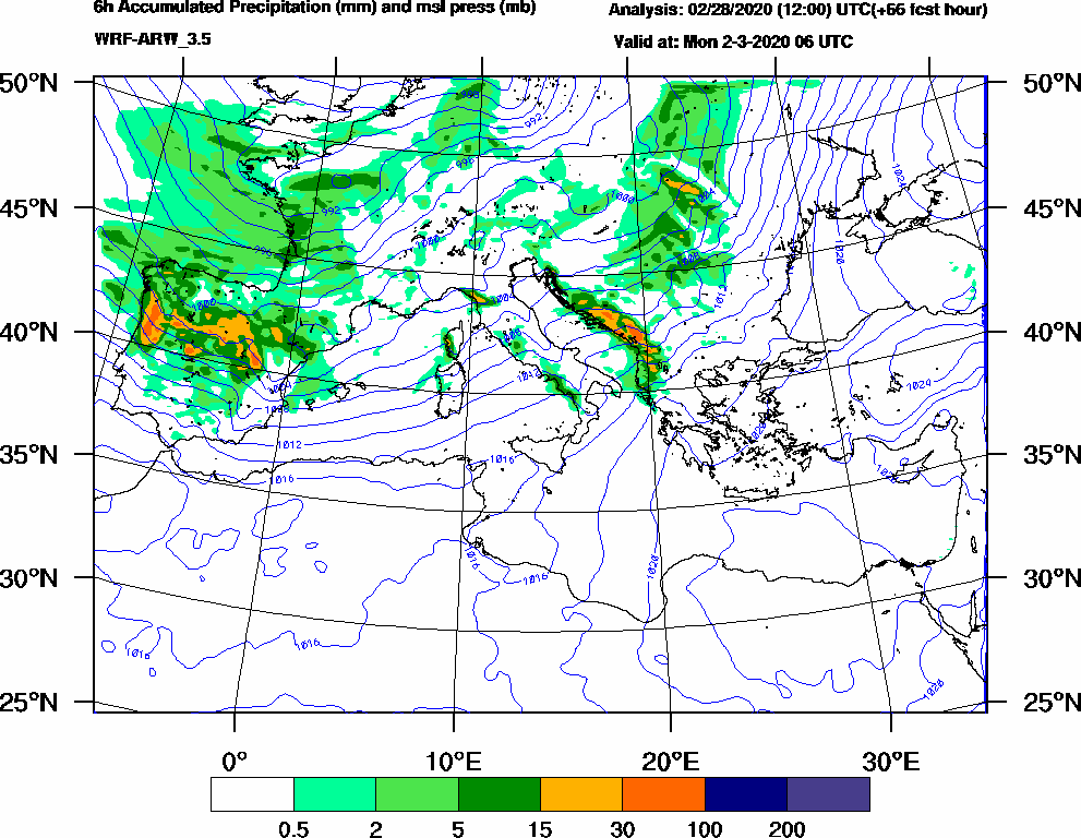 6h Accumulated Precipitation (mm) and msl press (mb) - 2020-03-02 00:00