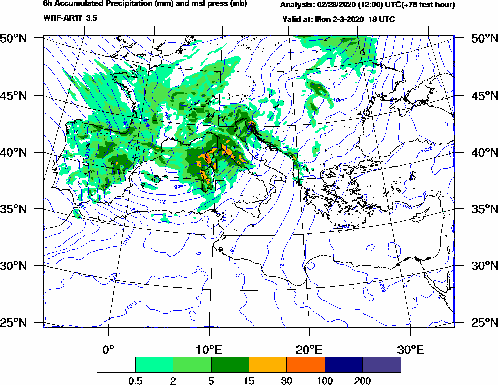 6h Accumulated Precipitation (mm) and msl press (mb) - 2020-03-02 12:00