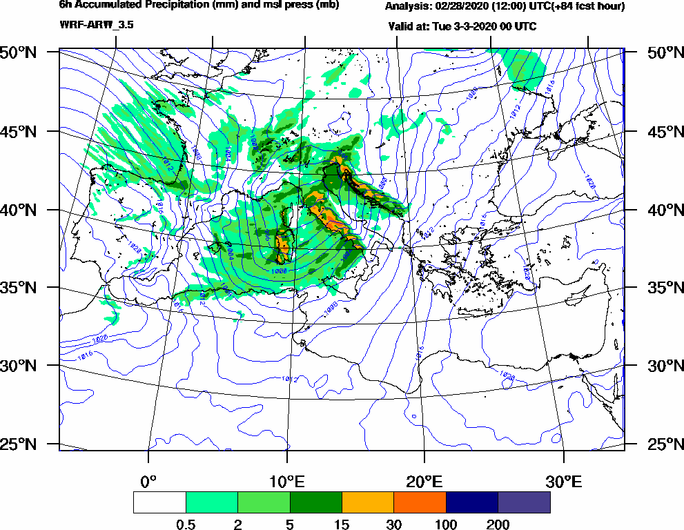 6h Accumulated Precipitation (mm) and msl press (mb) - 2020-03-02 18:00