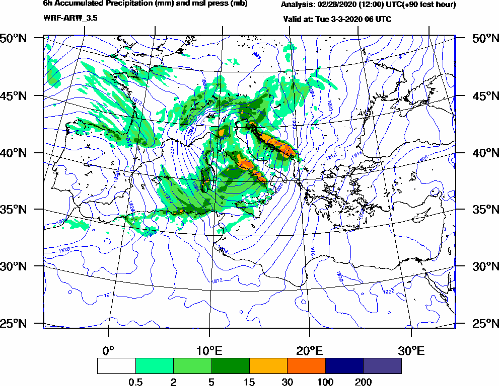 6h Accumulated Precipitation (mm) and msl press (mb) - 2020-03-03 00:00