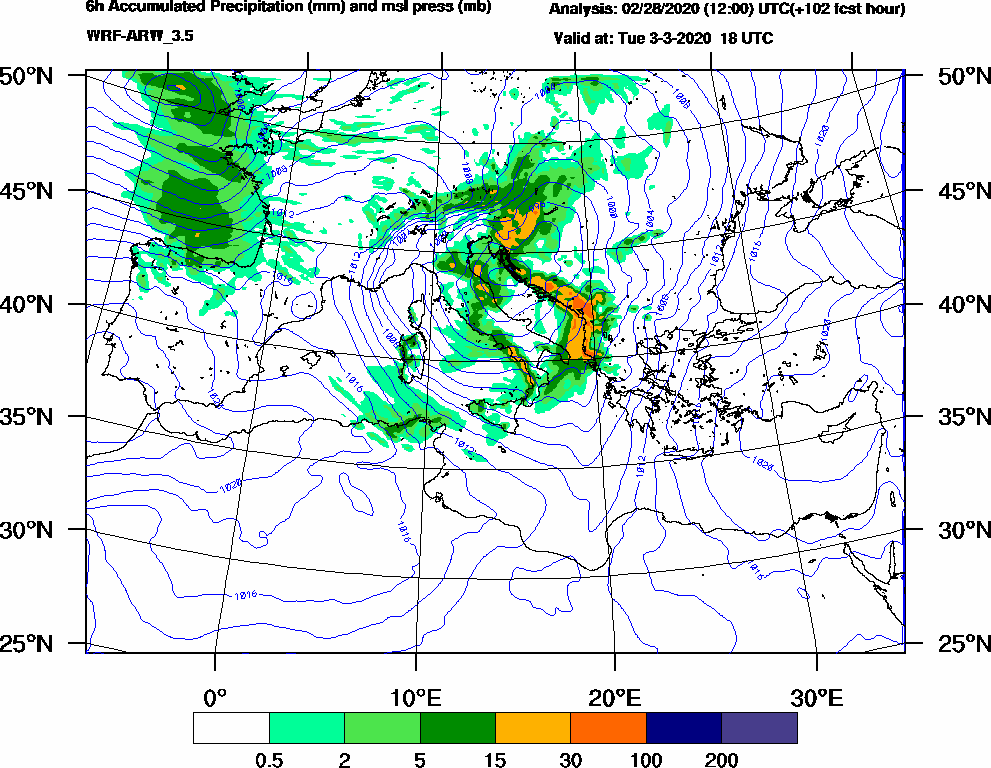 6h Accumulated Precipitation (mm) and msl press (mb) - 2020-03-03 12:00