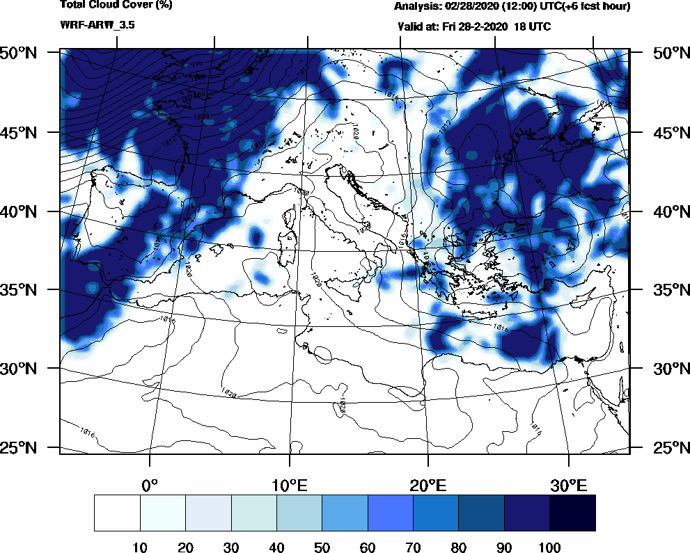 Total cloud cover (%) - 2020-02-28 12:00