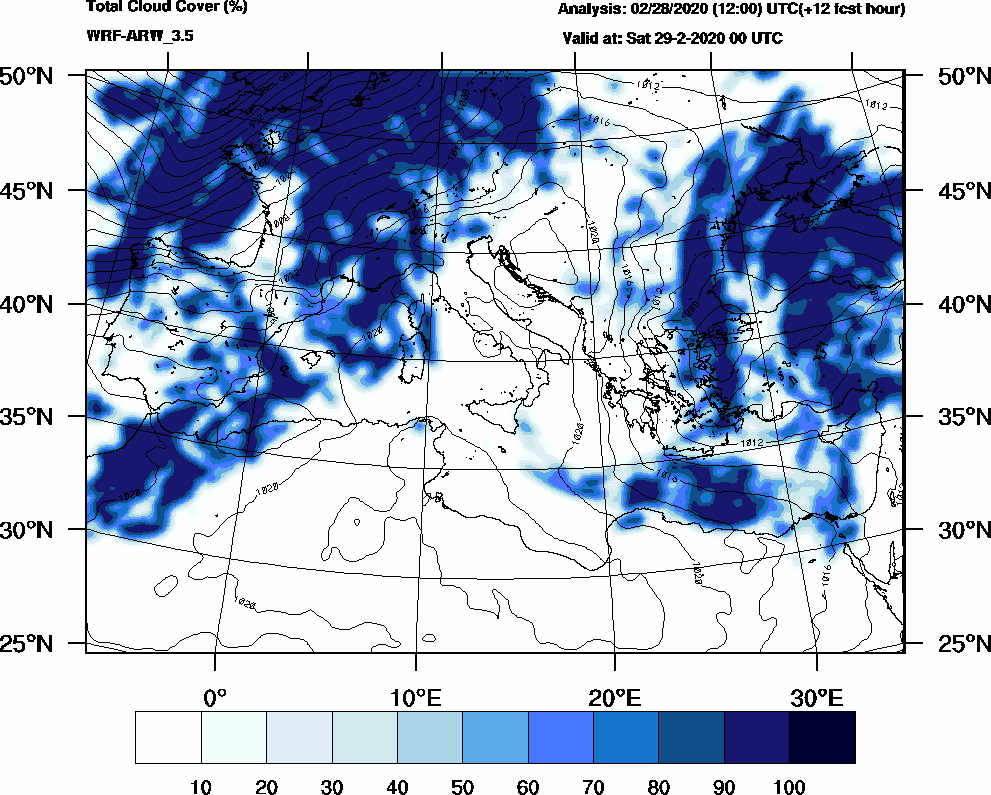 Total cloud cover (%) - 2020-02-28 18:00