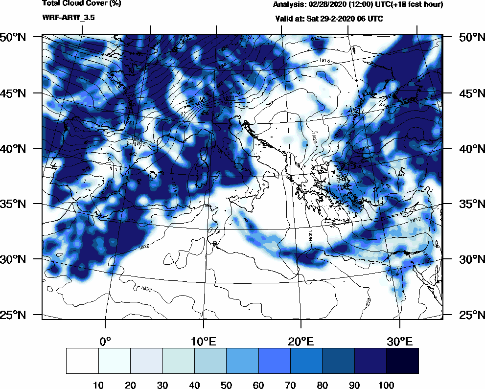 Total cloud cover (%) - 2020-02-29 00:00