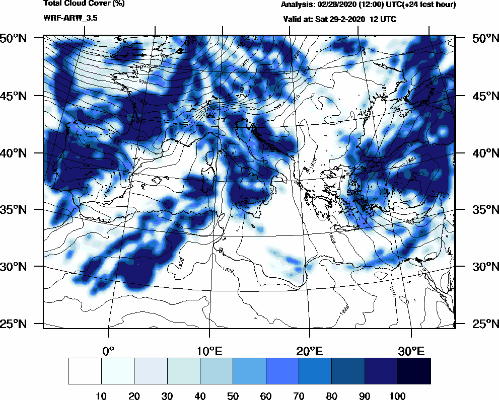 Total cloud cover (%) - 2020-02-29 06:00