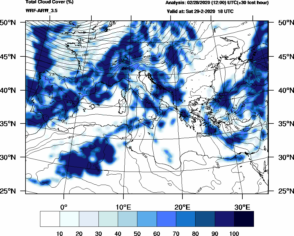 Total cloud cover (%) - 2020-02-29 12:00