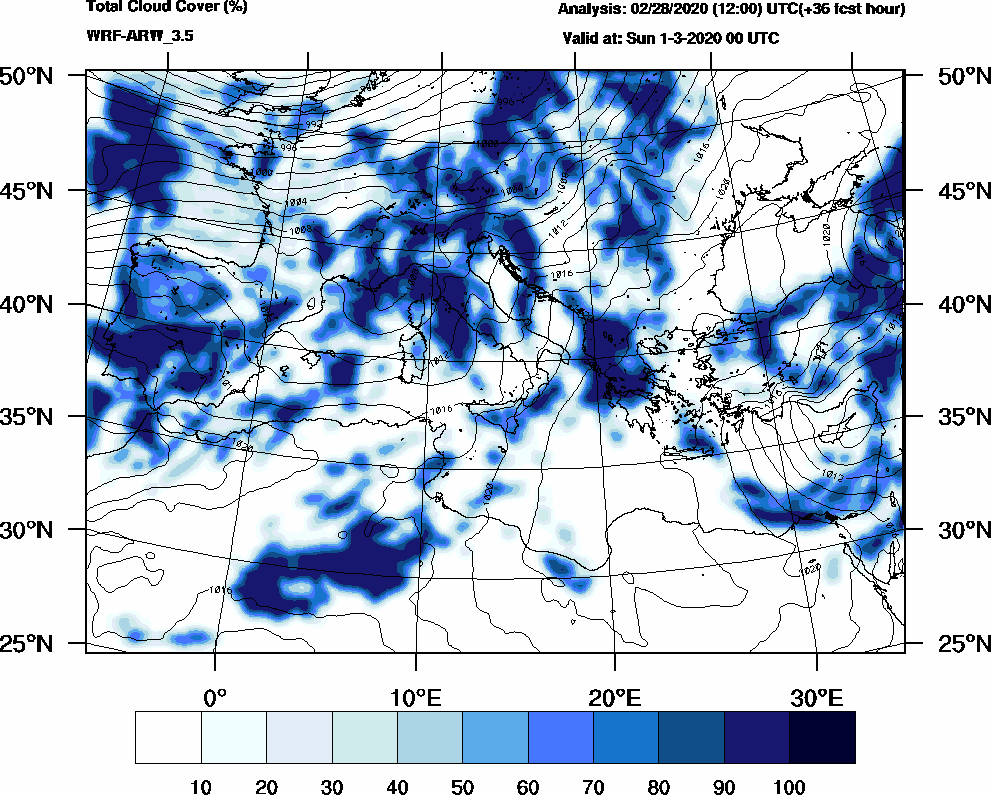 Total cloud cover (%) - 2020-02-29 18:00