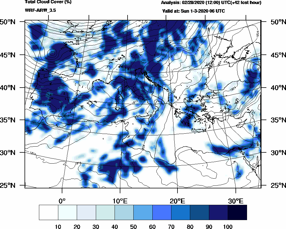 Total cloud cover (%) - 2020-03-01 00:00